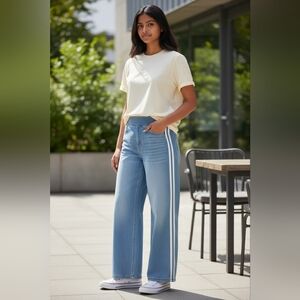 Halara Wide Leg Athleisure Pants Blue Stretch Side Stripe Lounge Yoga Small